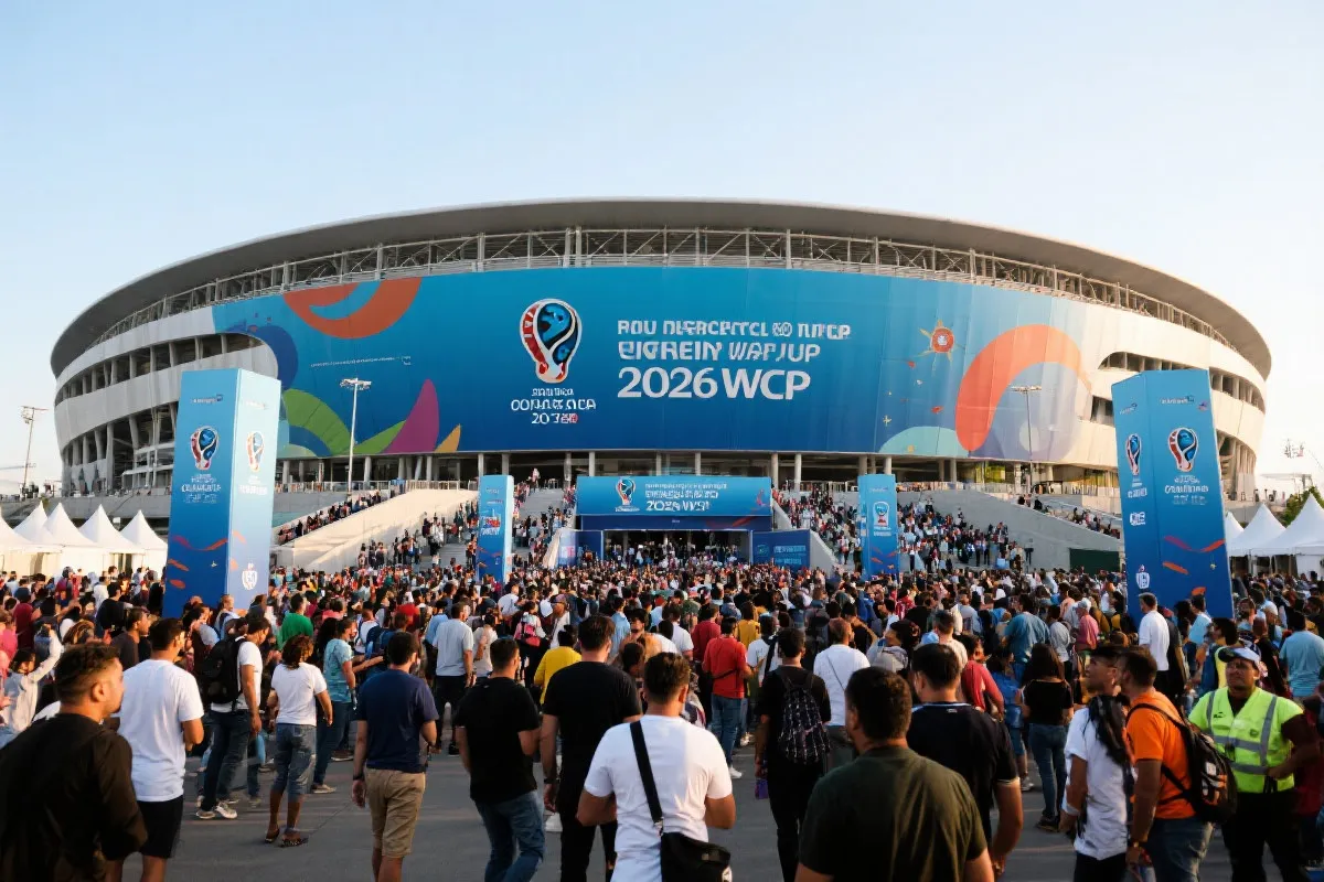 2026年世界杯体育场外景，人潮涌动，热烈的足球赛事氛围